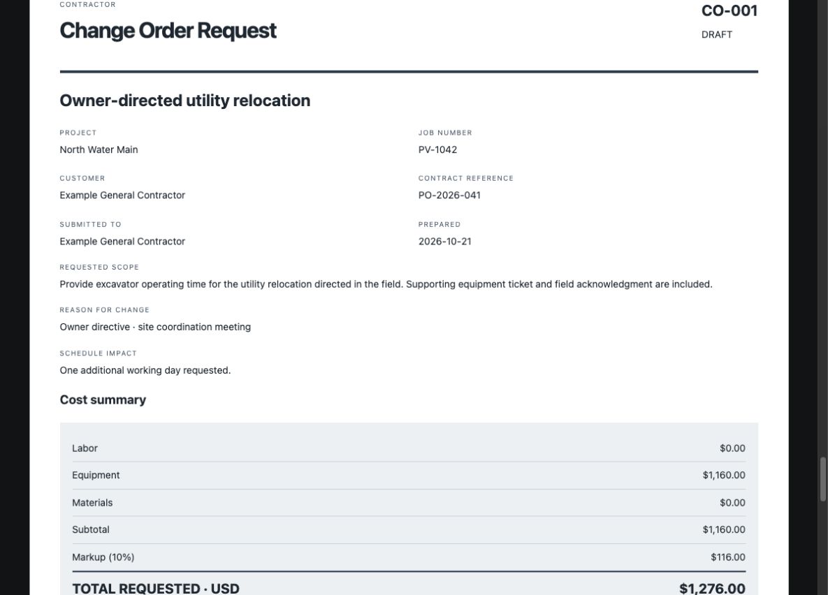 The PlanVya Change Order Package system with a formal request and supporting work tickets