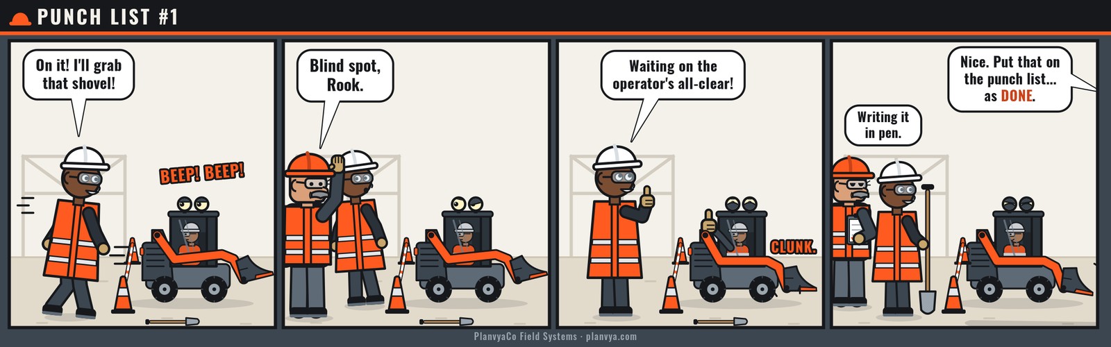 Punch List #1, a four-panel comic. Panel 1: Rook, a first-month laborer, hurries toward a chained cone line while Bucket, a skid steer, backs up beeping "BEEP! BEEP!" Rook says: "On it! I'll grab that shovel!" Panel 2: Dale, the foreman, raises a flat hand and Rook stops on the safe side of the cones. Dale says: "Blind spot, Rook." Panel 3: The operator gives a thumbs-up from the cab and the bucket sets down with a "CLUNK." Rook, waiting on the safe side with a thumbs-up, says: "Waiting on the operator's all-clear!" Panel 4: Rook is back on the safe side with the shovel. The Inspector, off-panel, says: "Nice. Put that on the punch list... as DONE." Dale, holding his clipboard, says: "Writing it in pen."