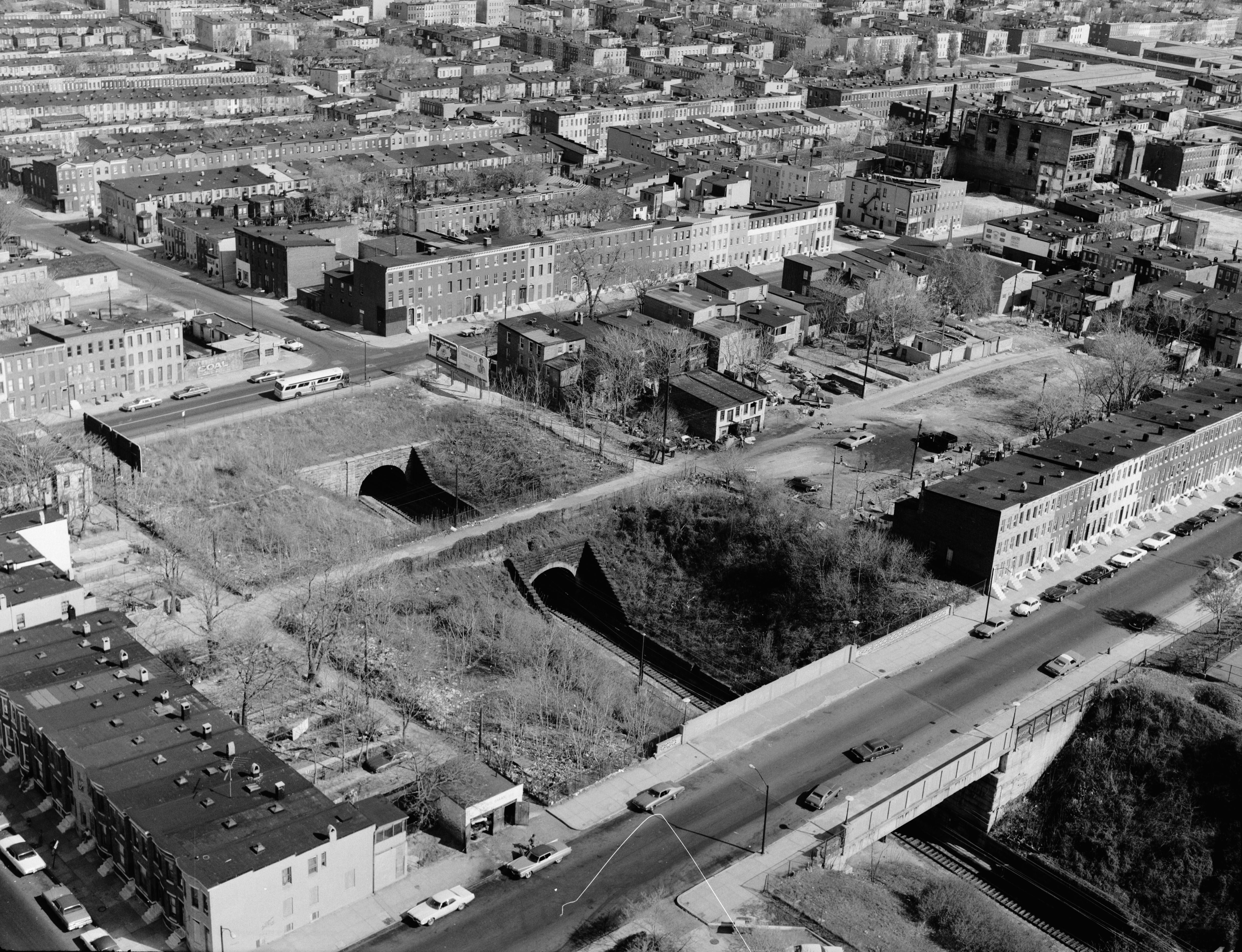 Historic aerial view of the west portal of the Baltimore and Potomac Tunnel in April 1977.