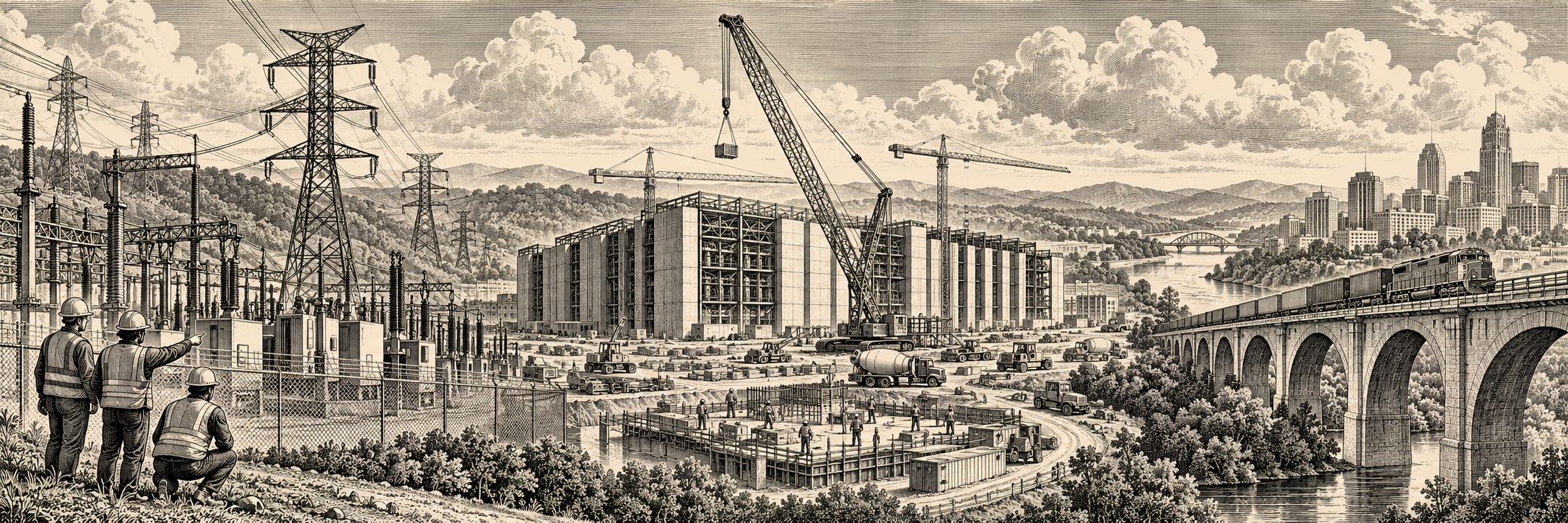 Original newspaper-style illustration connecting power lines, industrial construction, cranes, and a railroad viaduct